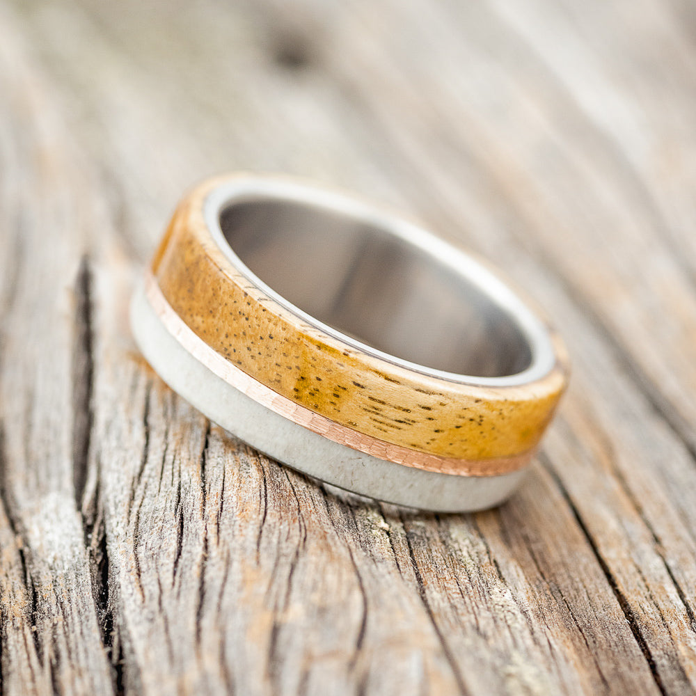 "GOLDEN" - ANTLER, SPALTED MAPLE & HAMMERED 14K GOLD INLAY WEDDING BAND-2
