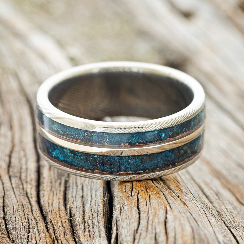 "RAPTOR" - PATINA COPPER & 14K GOLD INLAY WEDDING RING FEATURING A DAMASCUS STEEL BAND