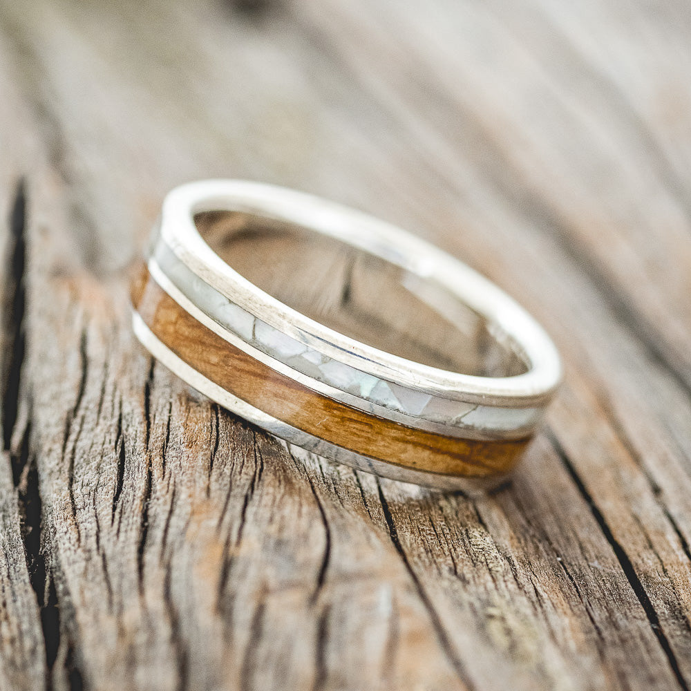 "RAPTOR" - MATCHING SET OF MOTHER OF PEARL & WHISKEY BARREL OAK WEDDING BANDS-5