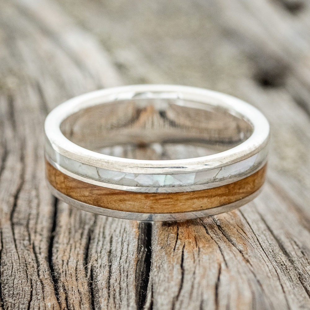 "RAPTOR" - MATCHING SET OF MOTHER OF PEARL & WHISKEY BARREL OAK WEDDING BANDS-7