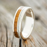 "RAPTOR" - MOTHER OF PEARL & WHISKEY BARREL OAK WEDDING BAND-1