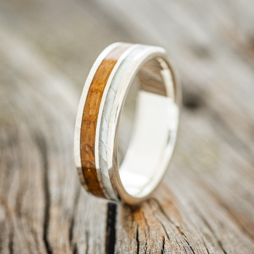 "RAPTOR" - MATCHING SET OF MOTHER OF PEARL & WHISKEY BARREL OAK WEDDING BANDS-3