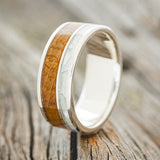 "RAPTOR" - MOTHER OF PEARL & WHISKEY BARREL OAK WEDDING BAND-1