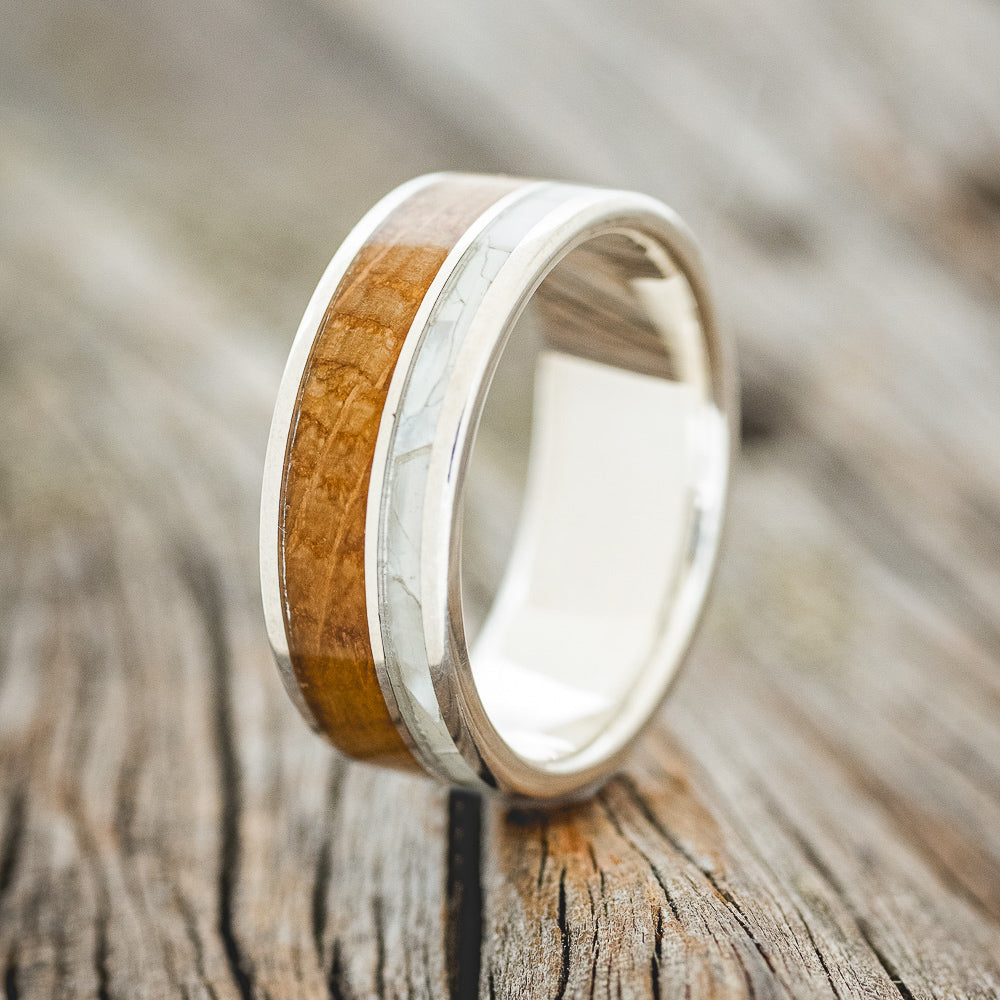 "RAPTOR" - MATCHING SET OF MOTHER OF PEARL & WHISKEY BARREL OAK WEDDING BANDS-2