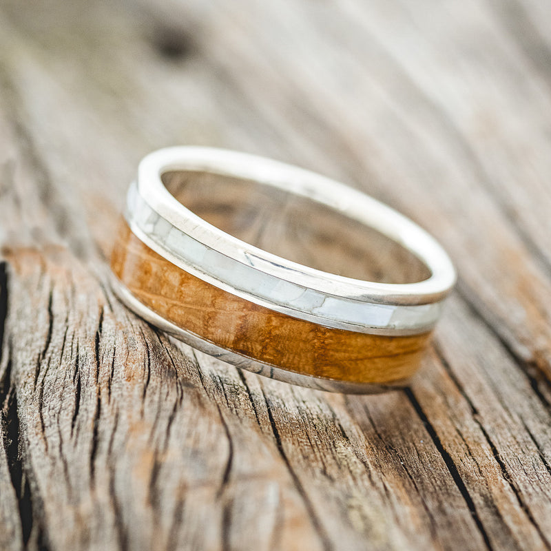 "RAPTOR" - MOTHER OF PEARL & WHISKEY BARREL OAK WEDDING BAND-2