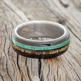 "REMMY" - AFRICAN BLACK WOOD, GOLD NUGGETS & MALACHITE WEDDING RING FEATURING A DAMASCUS STEEL BAND