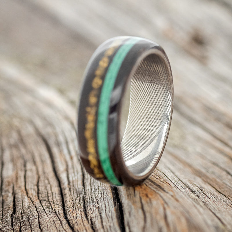 "REMMY" - AFRICAN BLACK WOOD, GOLD NUGGETS & MALACHITE WEDDING RING FEATURING A DAMASCUS STEEL BAND