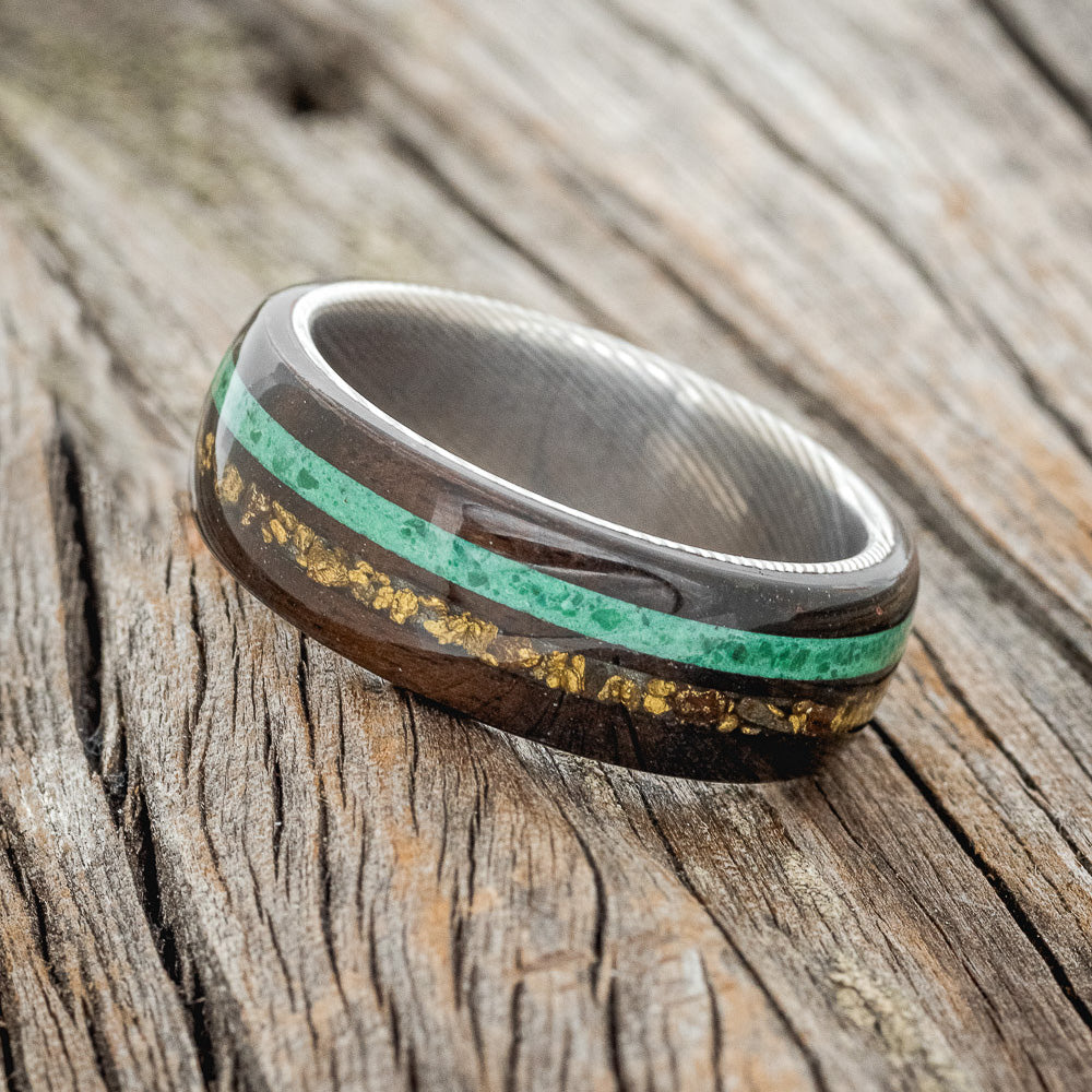 "REMMY" - AFRICAN BLACK WOOD, GOLD NUGGETS & MALACHITE WEDDING RING-3