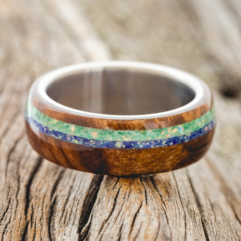 "REMMY" - REDWOOD, BLUE OPAL & MALACHITE WEDDING BAND-3