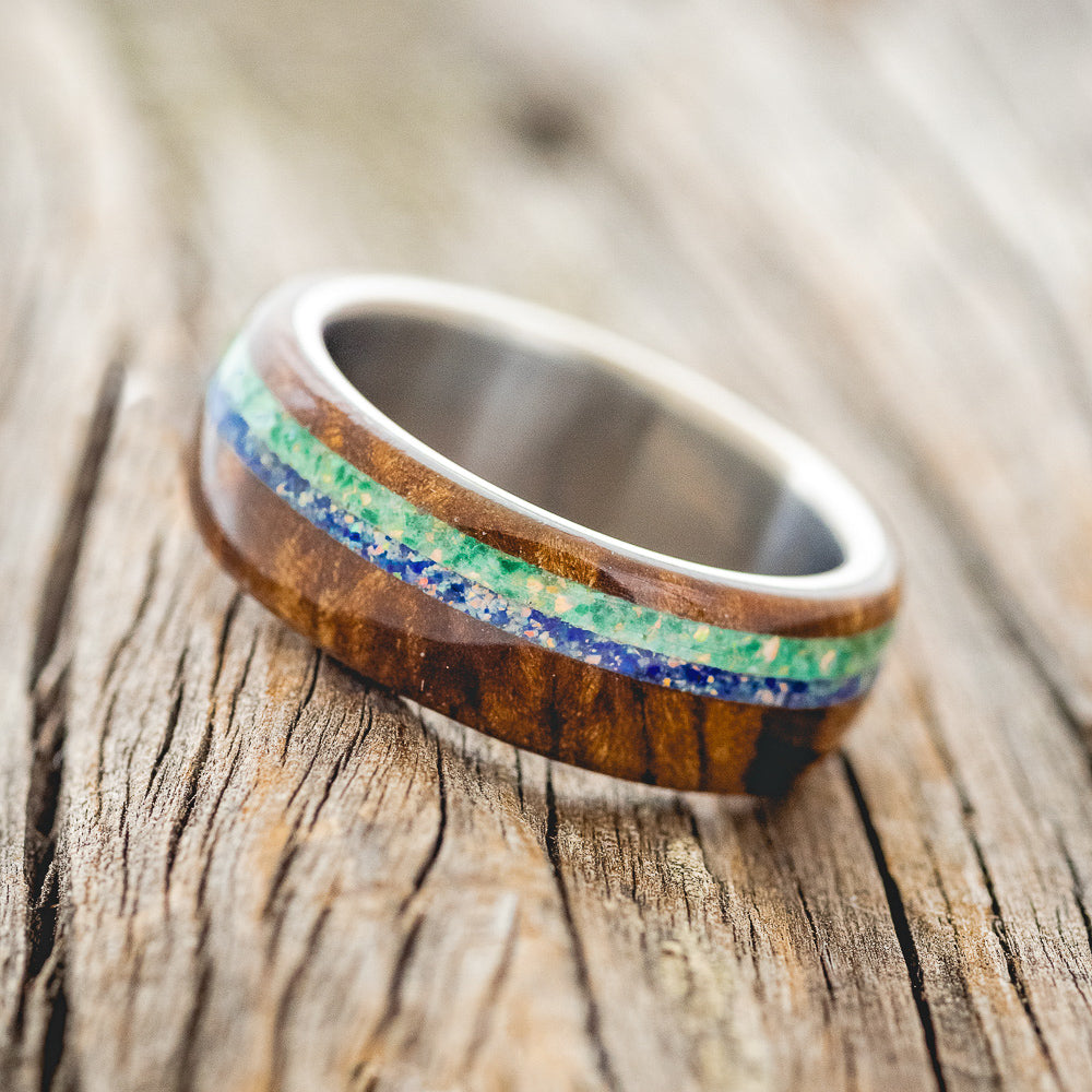 "REMMY" - REDWOOD, BLUE OPAL & MALACHITE WEDDING BAND-2