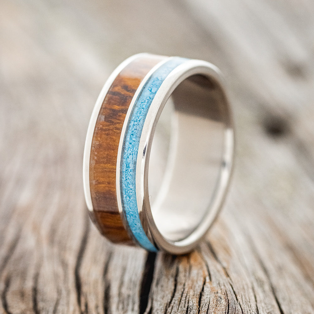 "RAPTOR" - MATCHING SET OF IRONWOOD & TURQUOISE WEDDING BANDS-2