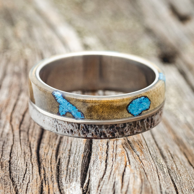 "GOLDEN" - BUCKEYE BURL WOOD, TURQUOISE & ANTLER WEDDING BAND-3