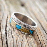 "GOLDEN" - BUCKEYE BURL WOOD, TURQUOISE & ANTLER WEDDING BAND-2