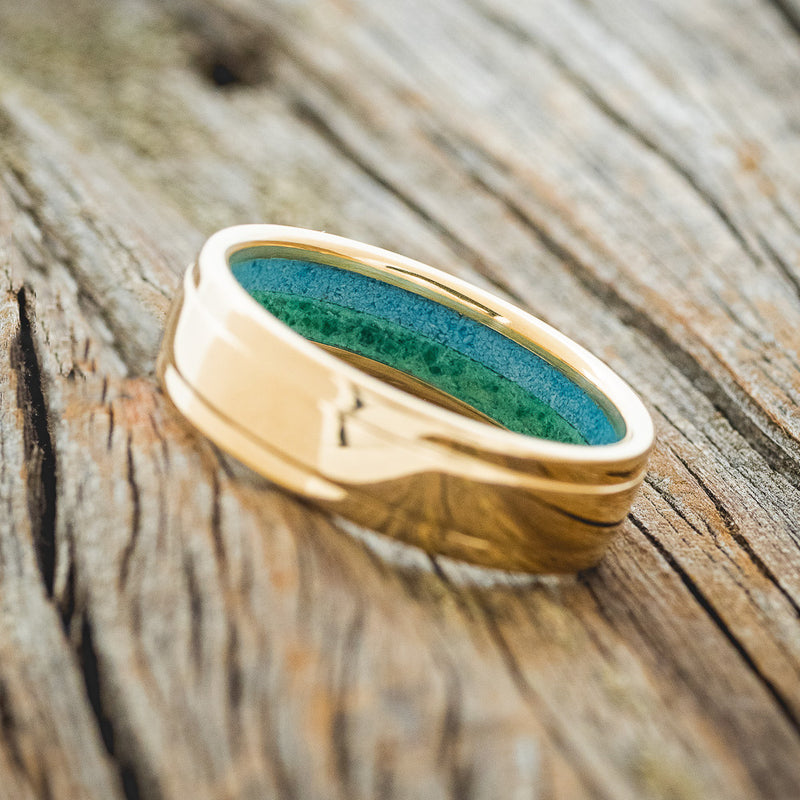 "SEDONA" - RAISED CENTER WEDDING RING WITH A TURQUOISE & MALACHITE LINED 14K GOLD BAND-4