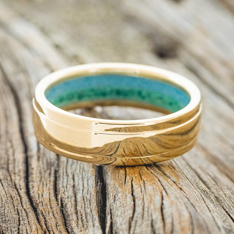 "SEDONA" - RAISED CENTER WEDDING RING WITH A TURQUOISE & MALACHITE LINED 14K GOLD BAND-5