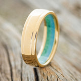 "SEDONA" - RAISED CENTER WEDDING RING WITH A TURQUOISE & MALACHITE LINED 14K GOLD BAND-1