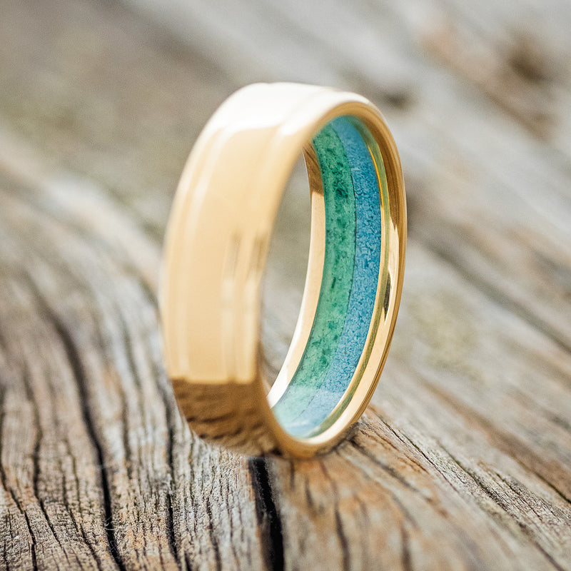 "SEDONA" - RAISED CENTER WEDDING RING WITH A TURQUOISE & MALACHITE LINED 14K GOLD BAND-2