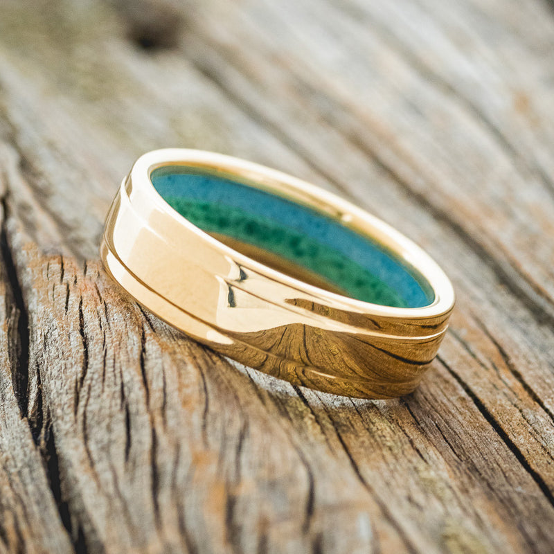 "SEDONA" - RAISED CENTER WEDDING RING WITH A TURQUOISE & MALACHITE LINED 14K GOLD BAND-3