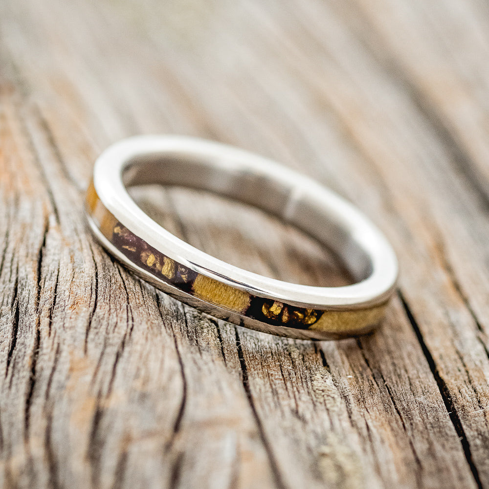 "GOLDEN" - MATCHING SET OF ALASKAN PANNED GOLD NUGGETS SET IN BUCKEYE BURL WOOD WEDDING BANDS-5