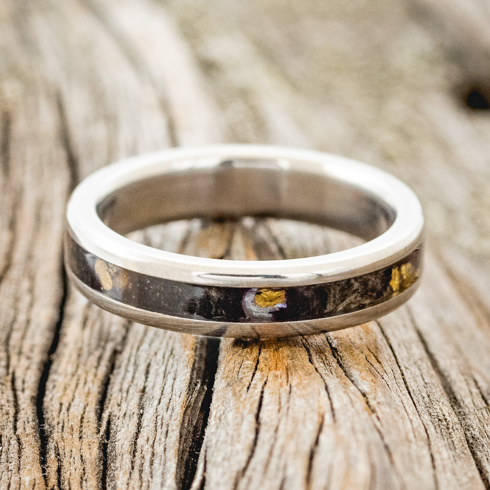 "RAPTOR" - MATCHING SET OF BUCKEYE BURL WOOD & GOLD NUGGETS WEDDING BANDS-7