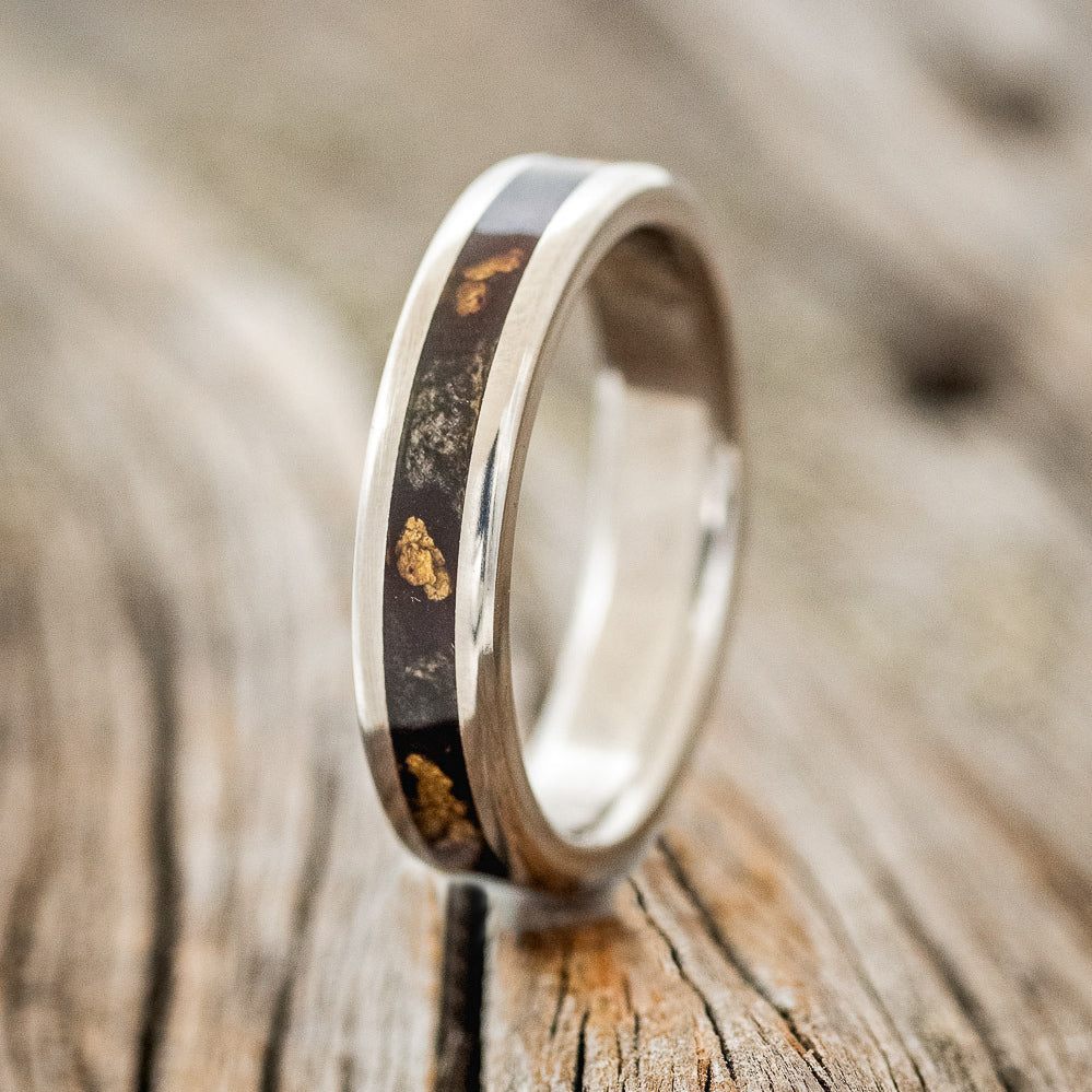 "RAPTOR" - MATCHING SET OF BUCKEYE BURL WOOD & GOLD NUGGETS WEDDING BANDS-3