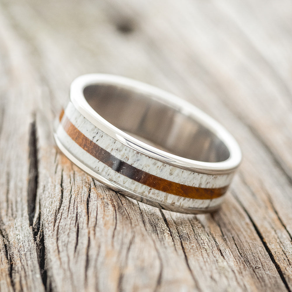 "RAINIER" - ANTLER & OFFSET IRONWOOD INLAY WEDDING BAND - READY TO SHIP-2