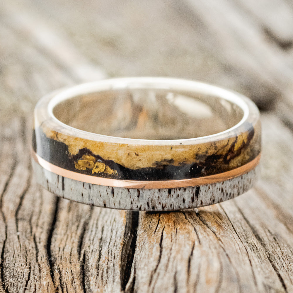 "GOLDEN" - BUCKEYE BURL WOOD WITH GOLD NUGGETS, ANTLER & 14K GOLD INLAY WEDDING BAND-3