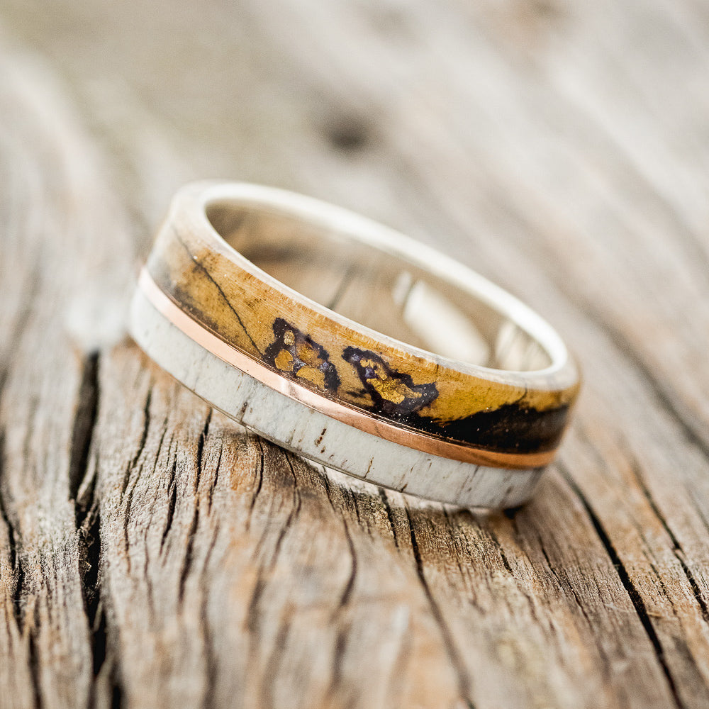 "GOLDEN" - BUCKEYE BURL WOOD WITH GOLD NUGGETS, ANTLER & 14K GOLD INLAY WEDDING BAND-2