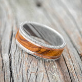 "HOLLIS" - OLIVE WOOD & 14K GOLD INLAYS WEDDING RING FEATURING A DAMASCUS STEEL BAND