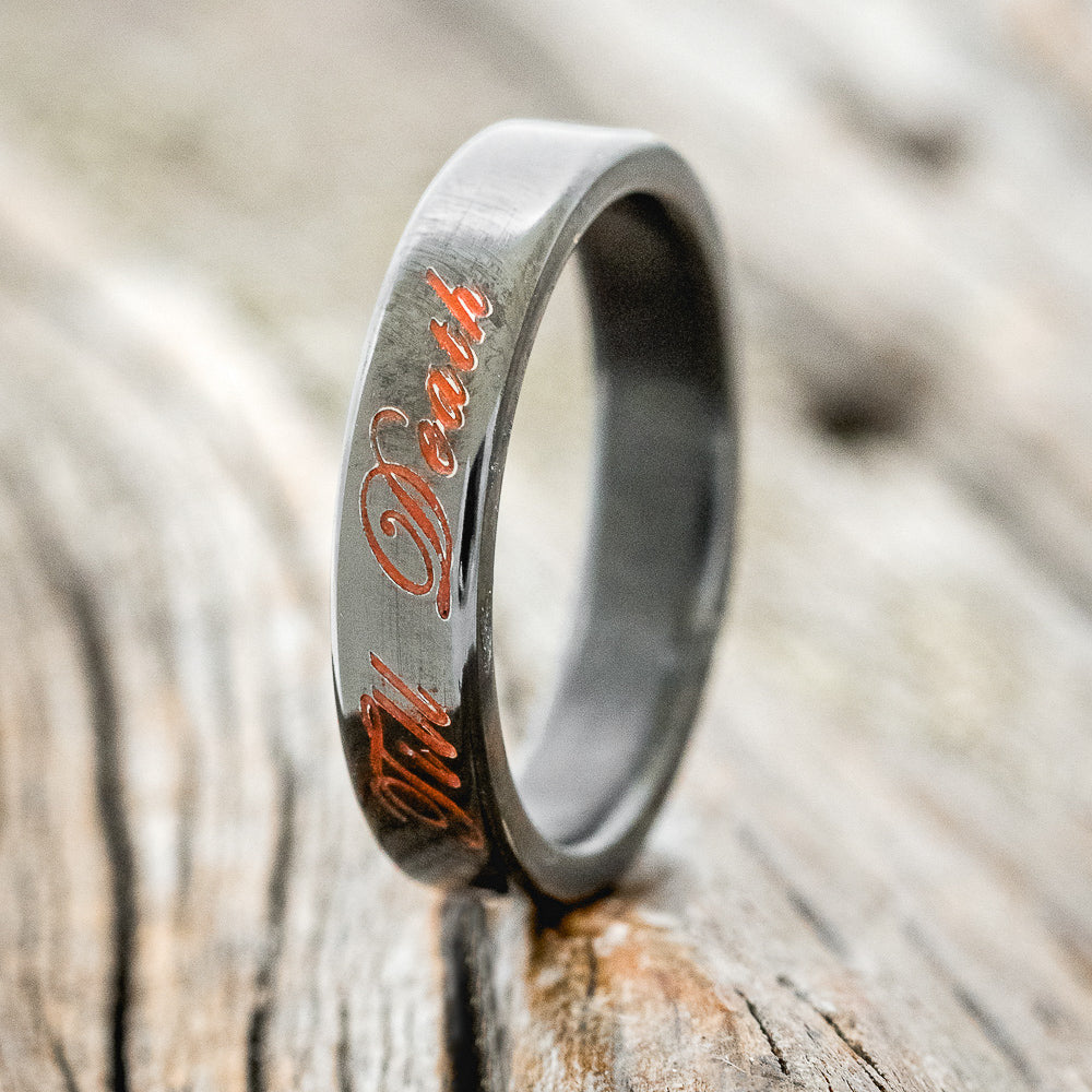 "TILL DEATH" - MATCHING SET OF ENGRAVED BLACK ZIRCONIUM WEDDING BANDS-3