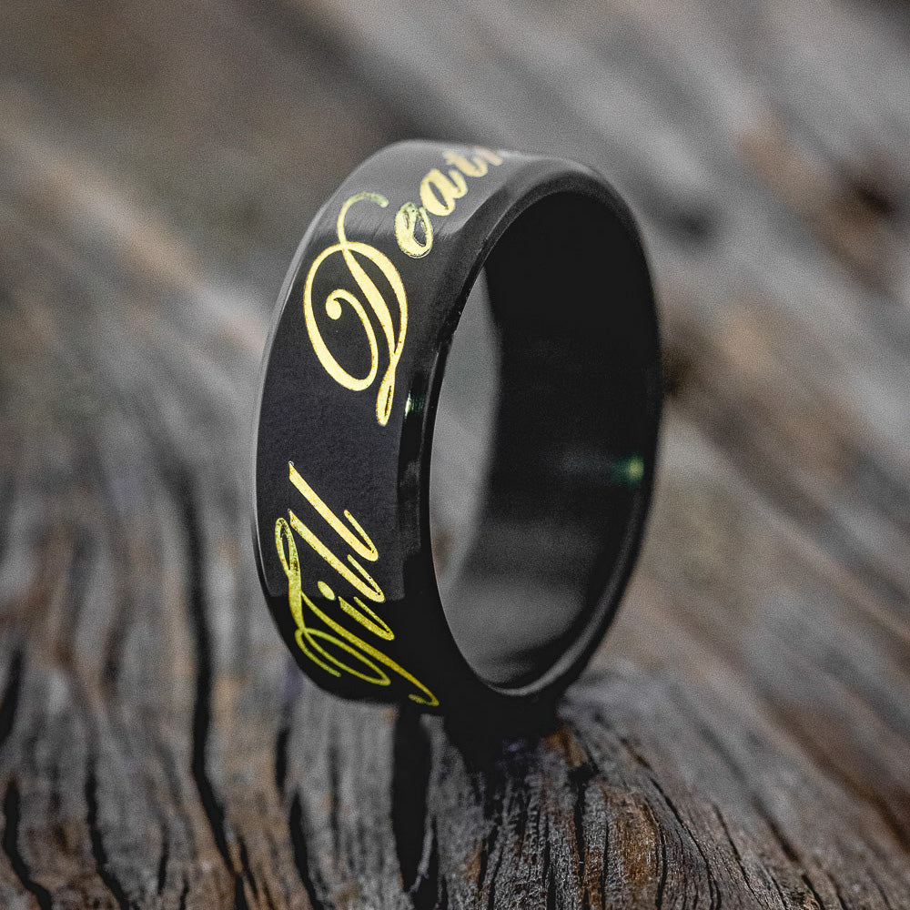 "TILL DEATH" - MATCHING SET OF ENGRAVED BLACK ZIRCONIUM WEDDING BANDS-9