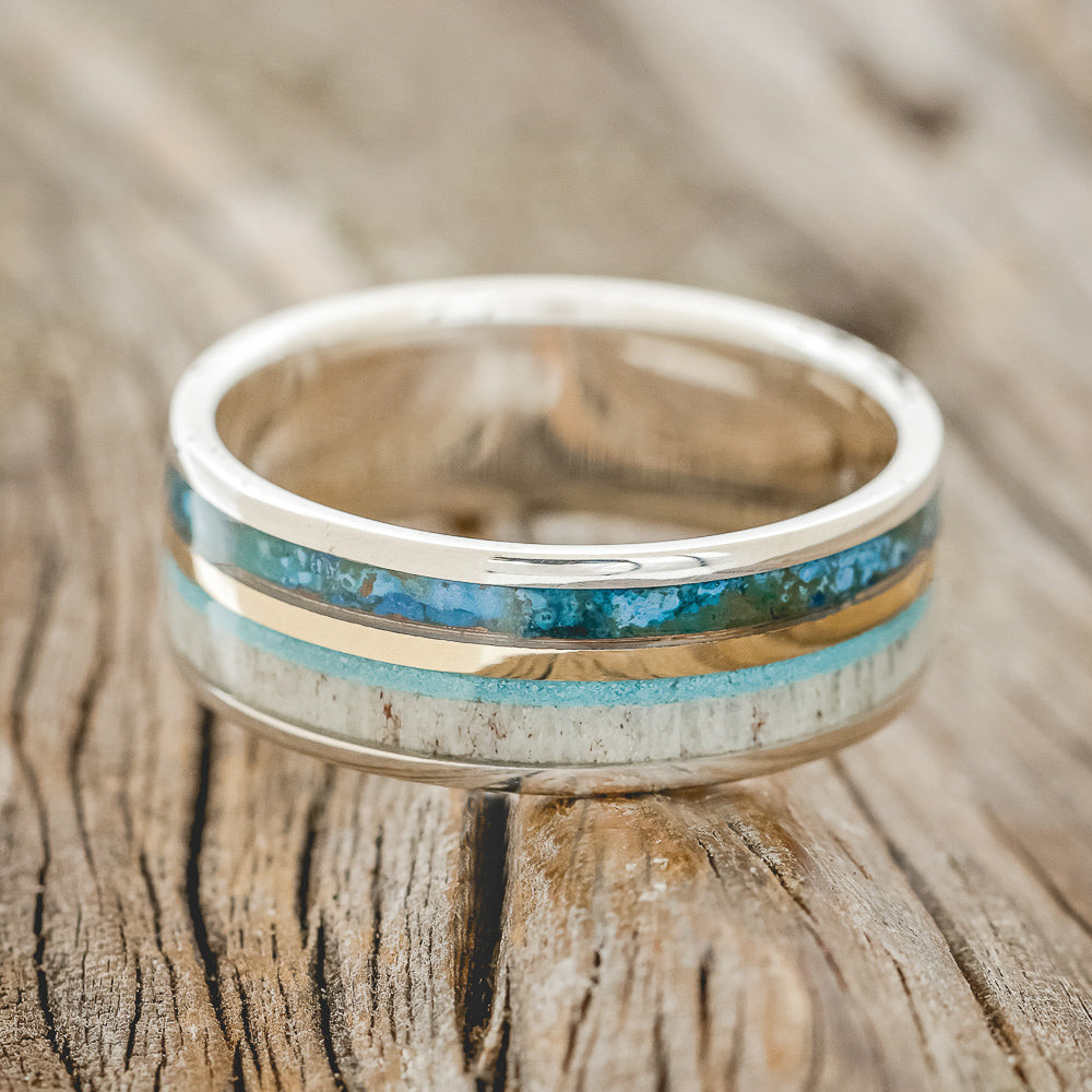 "ELEMENT" - PATINA COPPER, TURQUOISE, ANTLER & 14K GOLD INLAY WEDDING BAND-3