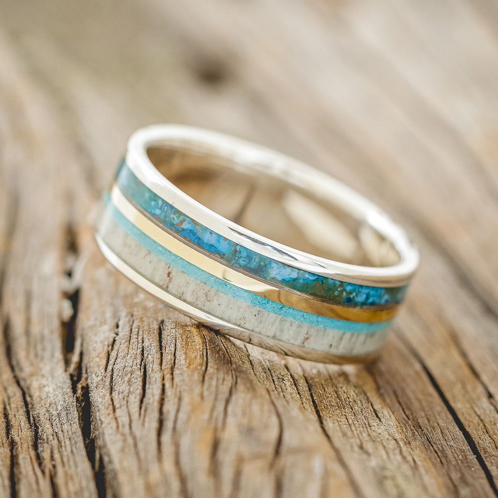 "ELEMENT" - PATINA COPPER, TURQUOISE, ANTLER & 14K GOLD INLAY WEDDING BAND-2