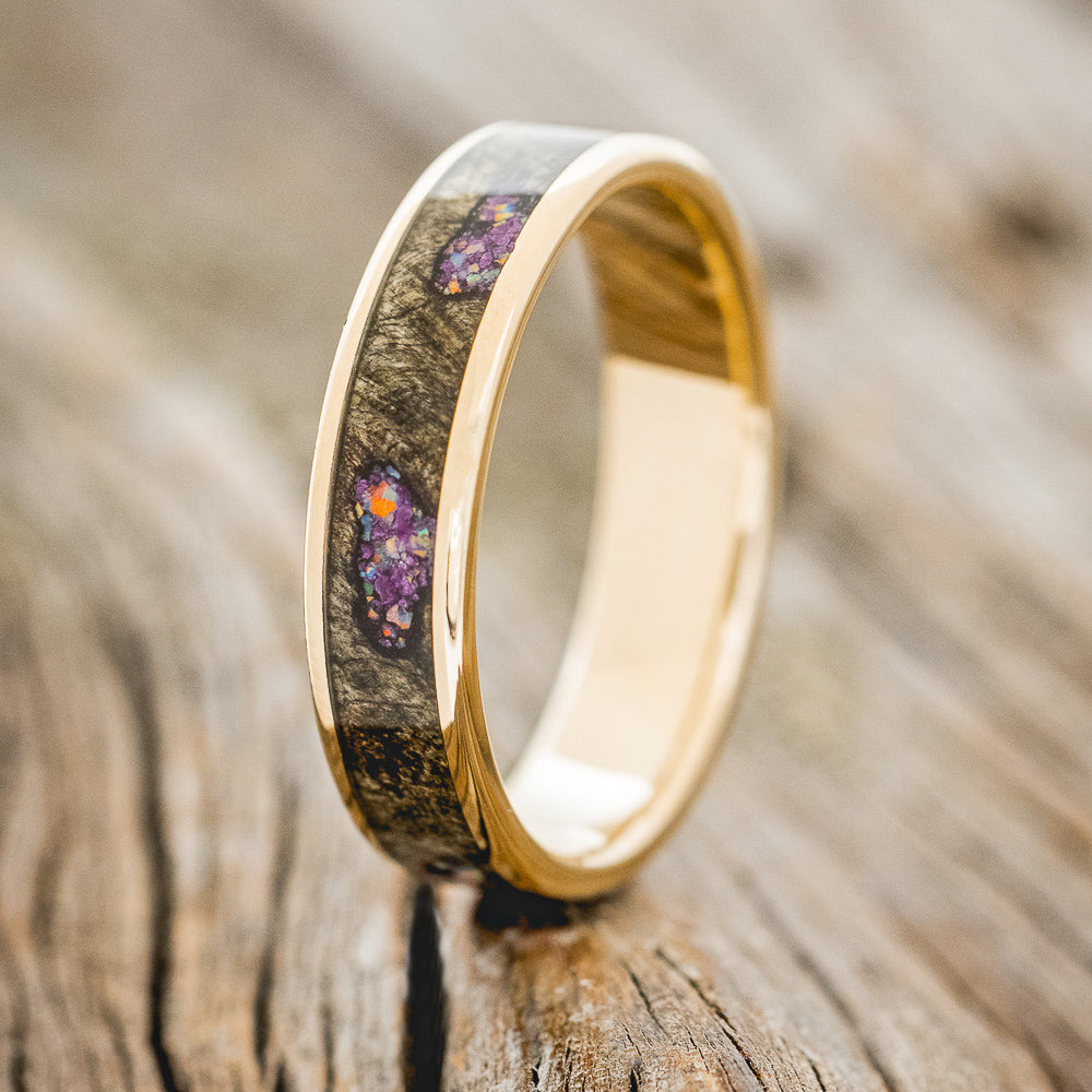 "RAINIER" - BUCKEYE BURL WOOD WITH SUGILITE & OPAL MIX WEDDING RING FEATURING A 14K GOLD BAND-4