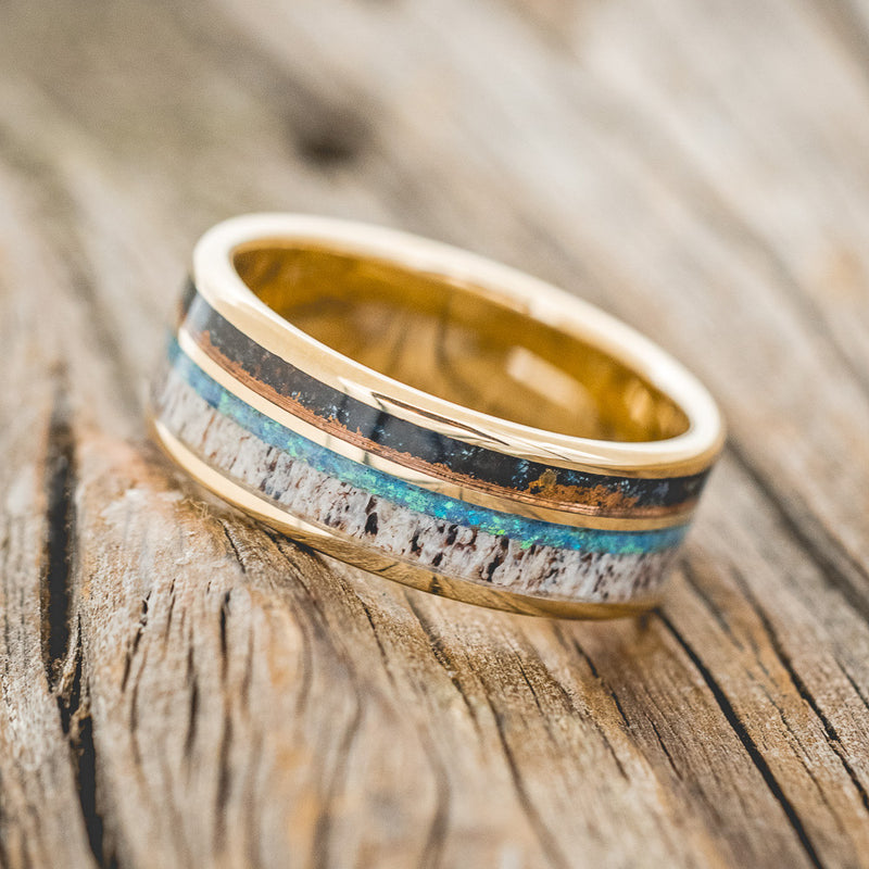 "ELEMENT" - PATINA COPPER, ANTLER & BLUE OPAL WEDDING RING FEATURING A 14K GOLD BAND