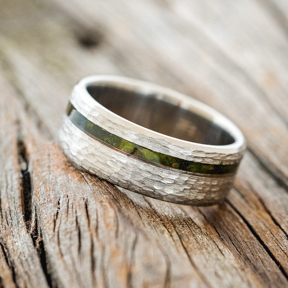 "VERTIGO" - MOSSY PATINA COPPER WEDDING BAND WITH A HAMMERED FINISH-2
