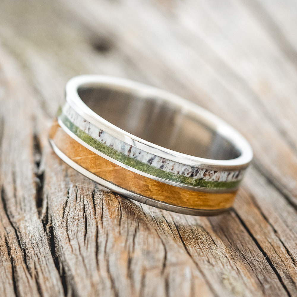 "DYAD" - MOSS, ANTLER & WHISKEY BARREL OAK WEDDING BAND-2