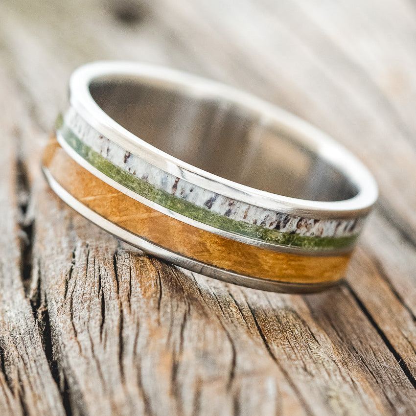 "DYAD" - MOSS, ANTLER & WHISKEY BARREL OAK WEDDING BAND-2