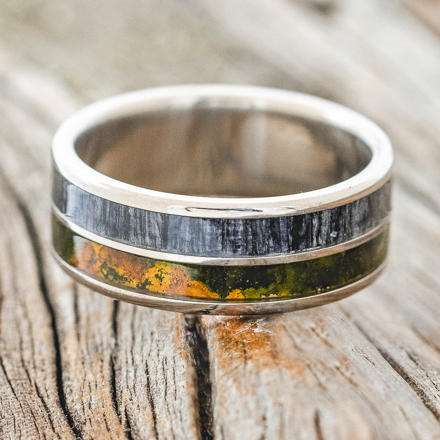 "DYAD" - MOSSY PATINA COPPER & GREY BIRCH WOOD WEDDING BAND-3