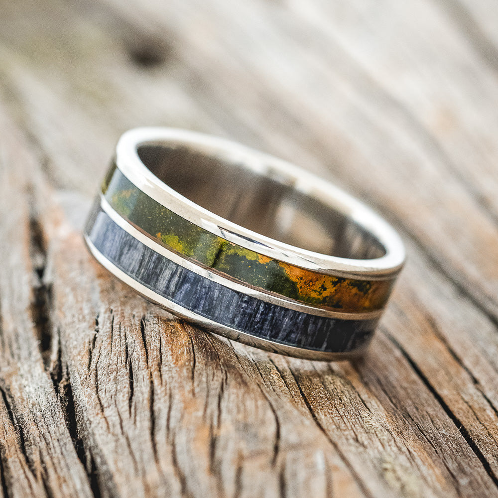 "DYAD" - MOSSY PATINA COPPER & GREY BIRCH WOOD WEDDING BAND-2