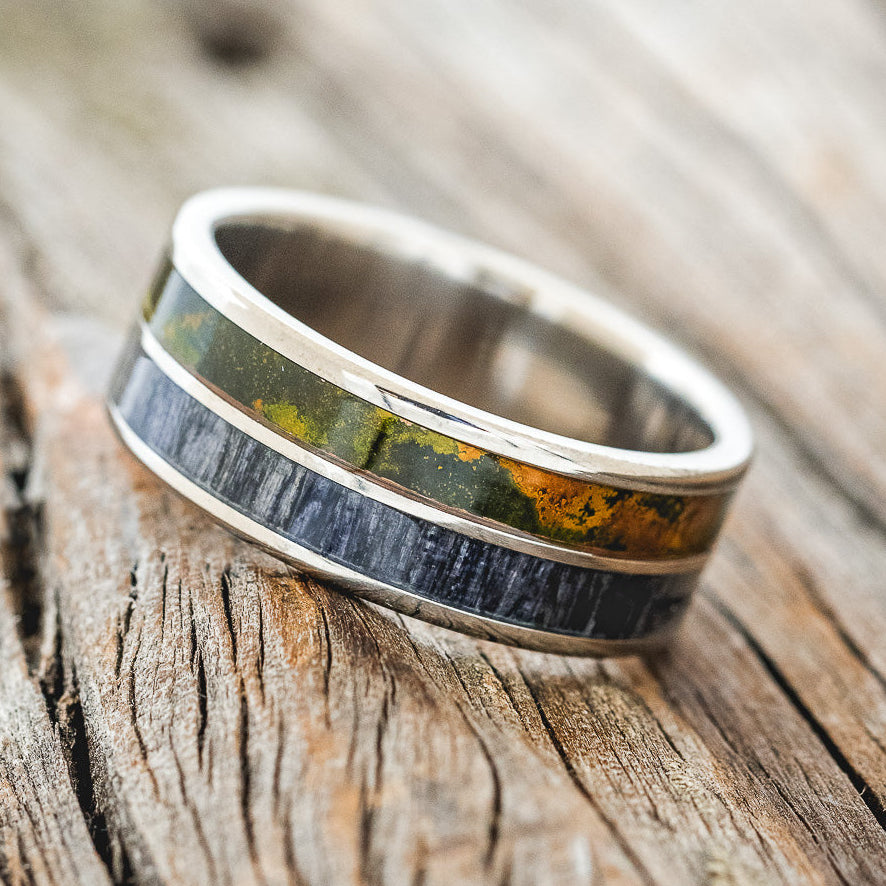 "DYAD" - MOSSY PATINA COPPER & GREY BIRCH WOOD WEDDING BAND-2