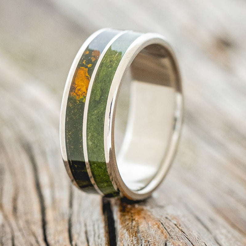 Shown here is "Dyad" is a custom, handcrafted men's wedding ring featuring 2 channels with moss & mossy patina copper inlays, design shown facing right.  Additional inlay options are available upon request.