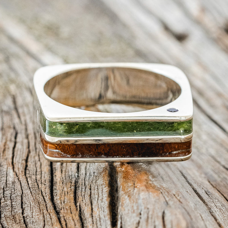 "VEGA" - FLAT TOP MOSS & IRONWOOD WEDDING BAND WITH SIDE SET RUBIES - 14K WHITE GOLD - SIZE 11 3/4-3