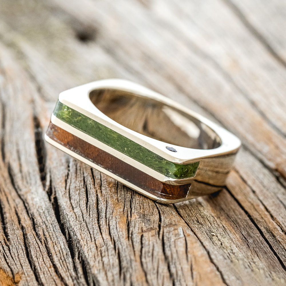 "VEGA" - FLAT TOP MOSS & IRONWOOD WEDDING BAND WITH SIDE SET RUBIES-2
