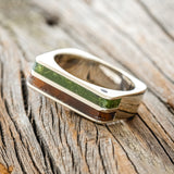 "VEGA" - FLAT TOP MOSS & IRONWOOD WEDDING BAND WITH SIDE SET RUBIES - 14K WHITE GOLD - SIZE 11 3/4-2