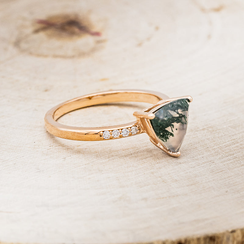 "PIPER" - TRILLION CUT MOSS AGATE ENGAGEMENT RING WITH DIAMOND ACCENTS