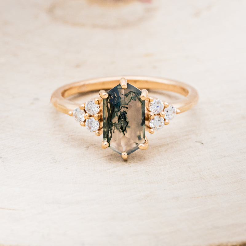 "OCTAVIA" - ELONGATED HEXAGON MOSS AGATE ENGAGEMENT RING WITH DIAMOND ACCENTS & TRACER