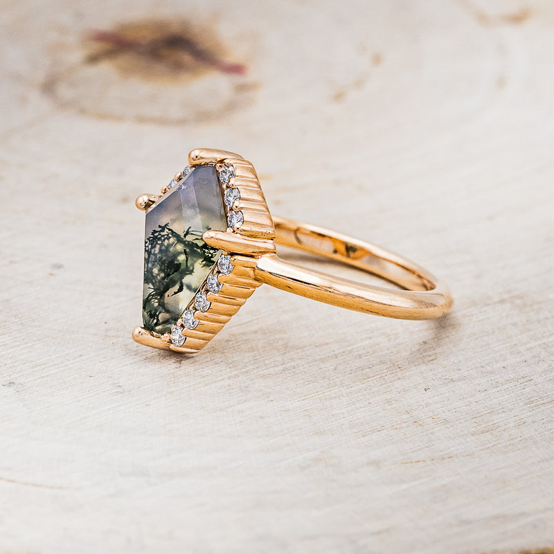 "STEVIE" - KITE CUT MOSS AGATE ENGAGEMENT RING WITH DIAMOND HALO-3