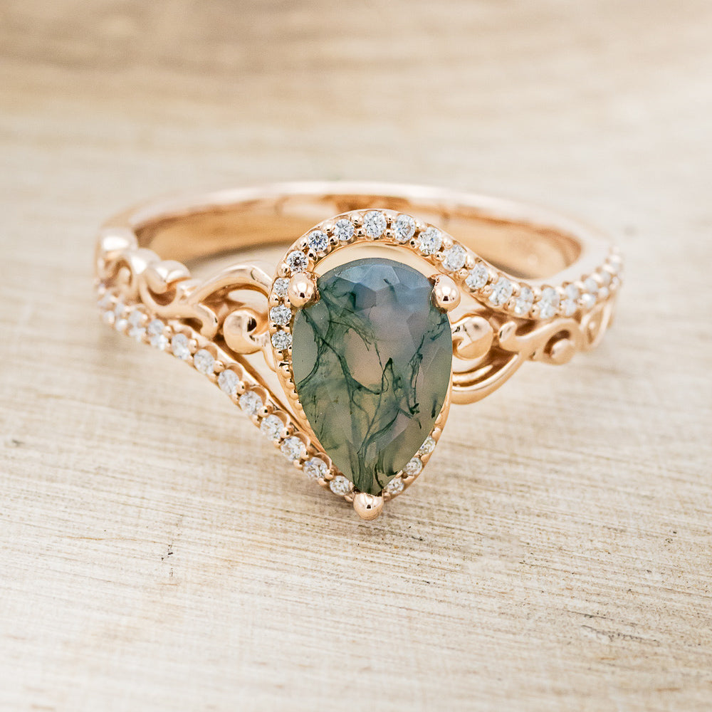 "SCARLET" - PEAR-SHAPED MOSS AGATE ENGAGEMENT RING WITH DIAMOND ACCENTS-4