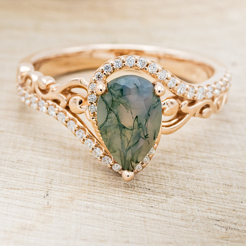 "SCARLET" - PEAR-SHAPED MOSS AGATE ENGAGEMENT RING WITH DIAMOND ACCENTS-4